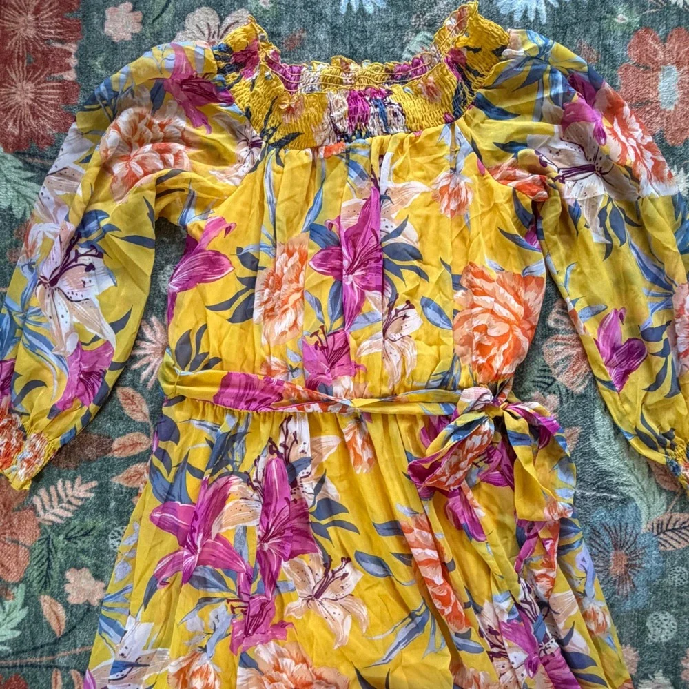 Kate and Lily Yellow Floral Maxi Dress Smocked‎ Off Shoulder Long Sleeve Size 14